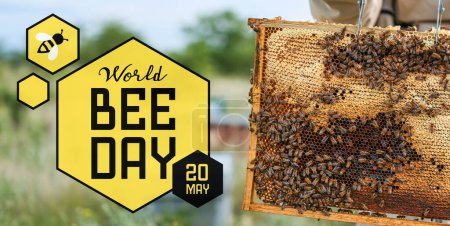 Bannière pour la Journée mondiale de l'abeille avec cadre en miel au rucher