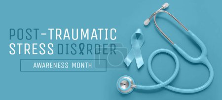 Photo for Ribbon with stethoscope on blue background. Post-Traumatic Stress Disorder Awareness Month - Royalty Free Image