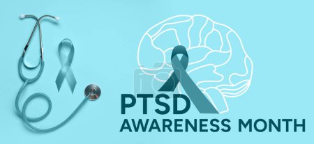 Photo for Ribbon and stethoscope on blue background. Post-Traumatic Stress Disorder Awareness Month - Royalty Free Image