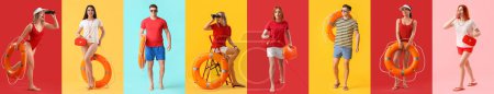 Téléchargez les photos : Set of lifeguards on color background - en image libre de droit