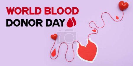 Banner for World Blood Donor Day with paper heart-shaped blood pack for transfusion