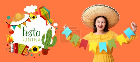 Happy young woman in Mexican sombrero hat and with festive garland on orange background. Banner for Festa Junina (June Festival) 