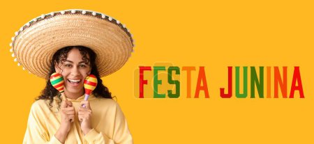 Happy young woman in sombrero hat and with maracas on yellow background. Banner for Festa Junina (June Festival) 