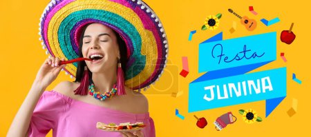 Beautiful young Mexican woman with tasty quesadilla and chili pepper on yellow background. Banner for Festa Junina (June Festival) 