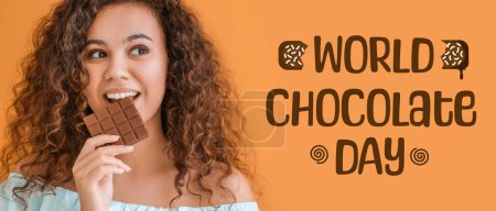 Banner for World Chocolate Day with beautiful young African-American woman