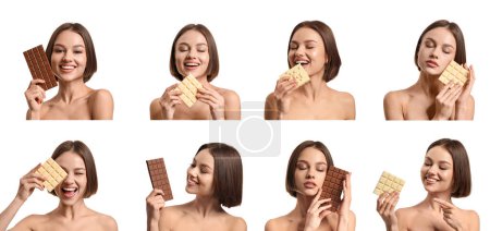 Set of pretty young woman with sweet chocolate on white background