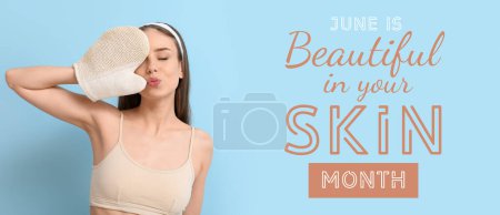 Banner for Beautiful In Your Skin Month with young woman with massage mitten
