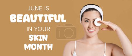 Banner for Beautiful In Your Skin Month with young Asian woman with cotton pad