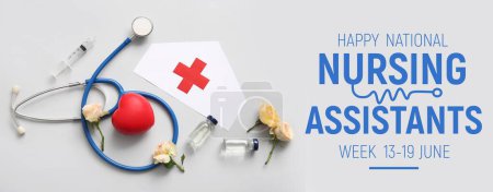 Téléchargez les photos : Banner for Happy National Nursing Assistants Week with stethoscope, heart, flowers and ampules - en image libre de droit