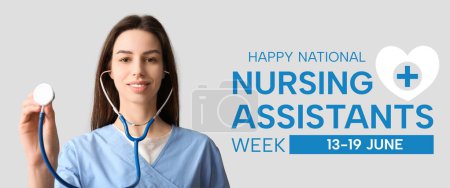 Banner for Happy National Nursing Assistants Week with female nurse holding stethoscope
