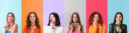 Foto de Collage of many beautiful women with sweets on color background - Imagen libre de derechos