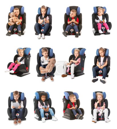 Set of little children in car seats on white background