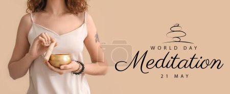 Young woman with Tibetan singing bowl on beige background. Banner for World Meditation Day 