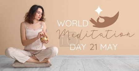 Beautiful young woman with Tibetan singing bowl sitting near beige wall. Banner for World Meditation Day 