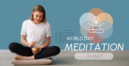 Young woman with Tibetan singing bowl at home. Banner for World Meditation Day 