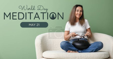 Beautiful mature woman playing glucophone against green background. Banner for World Meditation Day 