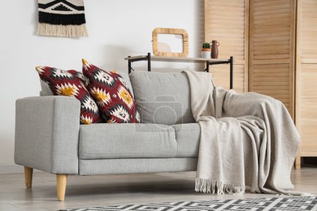 Téléchargez les photos : Grey sofa with cushions and plaid in living room interior - en image libre de droit