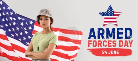 African-American female soldier with USA flag on light background. Banner for Armed Forces Day  