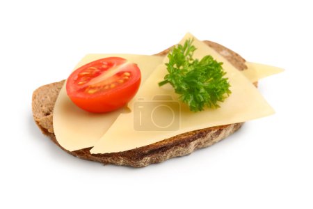 Tasty sandwich with cheese, tomato and parsley on white background