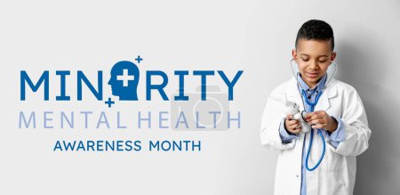 Little African-American doctor and text MINORITY MENTAL HEALTH AWARENESS MONTH on light background