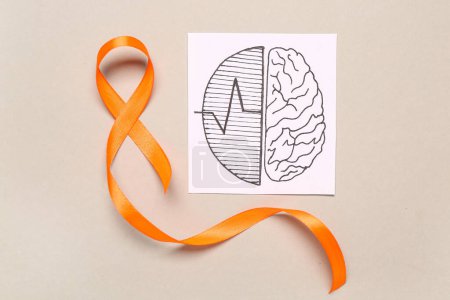 Drawing of brains and orange ribbon on grey background. Multiple Sclerosis Awareness Month