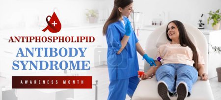 Banner for Antiphospholipid Antibody Syndrome Awareness Month with female donor and doctor in clinic