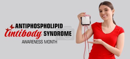 Banner for Antiphospholipid Antibody Syndrome Awareness Month with female donor holding blood pack