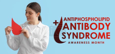 Banner für den Monat des Bewusstseins für Antiphospholipid-Antikörper-Syndrom mit Ärztin, die einen Blutstropfen in der Hand hält