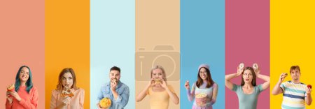 Set von jungen Menschen mit leckerem Fast Food auf farbigem Hintergrund