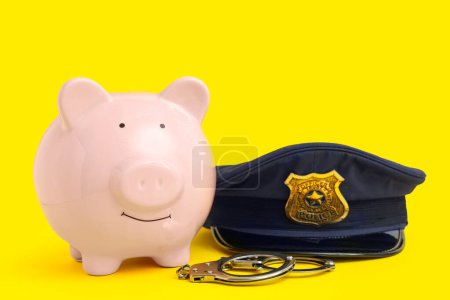 Sparschwein mit Polizeimütze und Handschellen auf gelbem Hintergrund