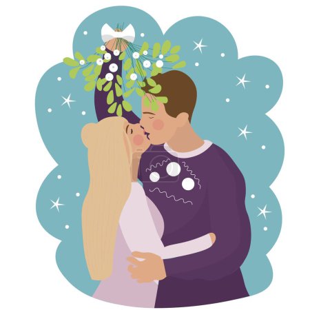 Couple kissing under mistletoe branch on white background