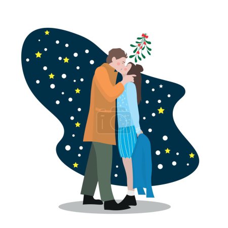 Young couple kissing under mistletoe branch on white background