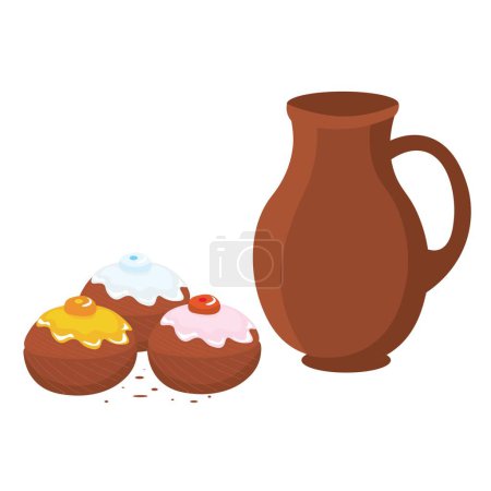 Ilustración de Sabrosas rosquillas para Hanukkah y jarra sobre fondo blanco - Imagen libre de derechos