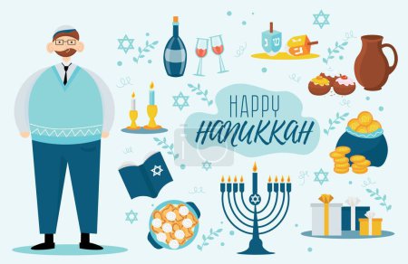 Ilustración de Tarjeta de felicitación para Happy Hanukkah sobre fondo claro - Imagen libre de derechos