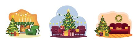 Illustration for Set of interiors of living rooms decorated for Christmas on white background - Royalty Free Image