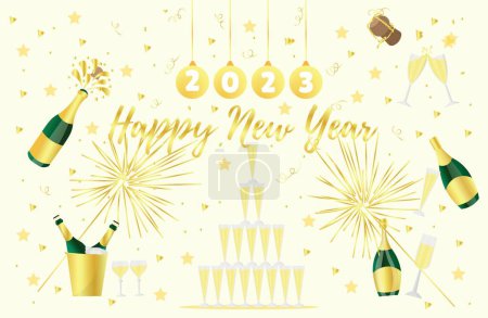Téléchargez les illustrations : Carte de voeux élégante pour le Nouvel An 2023 avec champagne - en licence libre de droit