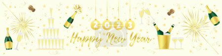 Téléchargez les illustrations : Belle carte de voeux pour le Nouvel An 2023 avec champagne - en licence libre de droit