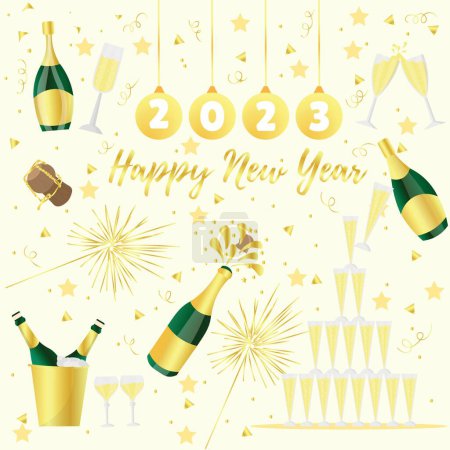 Téléchargez les illustrations : Belle carte de voeux pour la célébration du Nouvel An 2023 avec champagne - en licence libre de droit