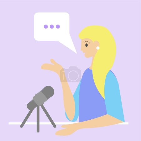 Ilustración de Hablando podcaster femenino con micrófono sobre fondo lila - Imagen libre de derechos