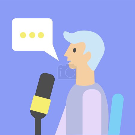 Illustration for Speaking male podcaster with microphone on color background - Royalty Free Image
