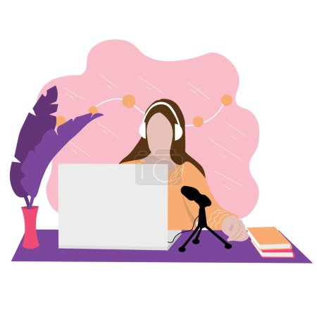 Téléchargez les illustrations : Podcaster féminin avec microphone et ordinateur portable assis à table - en licence libre de droit