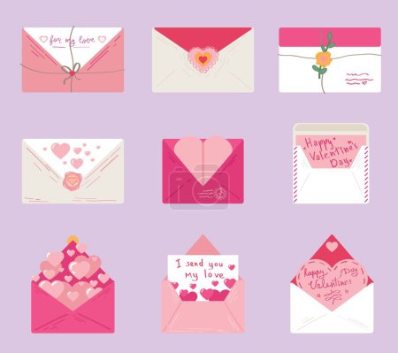 Illustration for Set of different letters for Valentine's Day on lilac background - Royalty Free Image