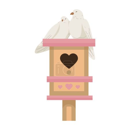 Téléchargez les illustrations : Maison d'oiseaux avec un couple aimant de pigeons sur fond blanc. Fête de la Saint-Valentin - en licence libre de droit