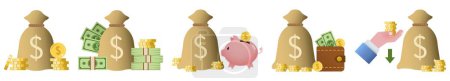 Illustration for Collage of money bag with dollars, coins, piggy bank and wallet on white background - Royalty Free Image