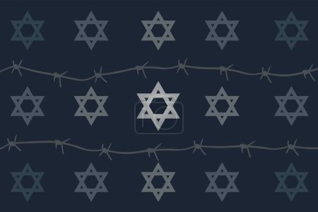 Téléchargez les illustrations : David stars and barbed wire on dark grey background. International Holocaust Remembrance Day - en licence libre de droit