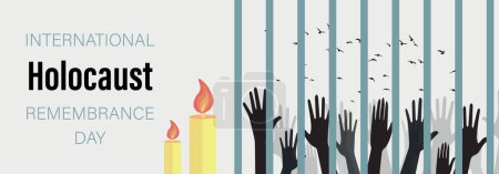 Ilustración de Banner for International Holocaust Remembrance Day with candles and many human hands - Imagen libre de derechos
