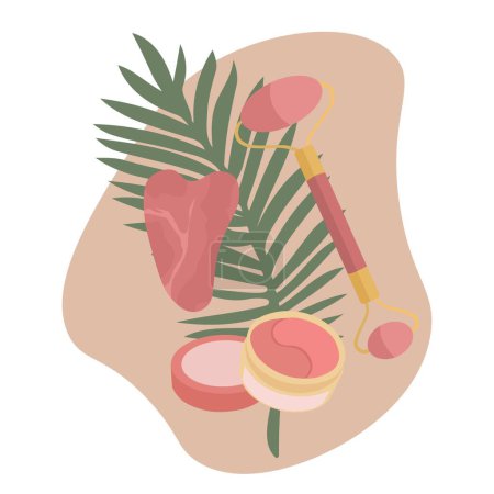 Ilustración de Massage tools with cosmetics and tropical leaf on white background - Imagen libre de derechos