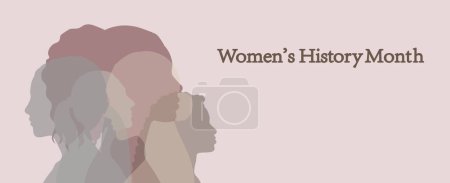 Illustration for Banner with silhouettes of different women and text Women's History Month on light background - Royalty Free Image