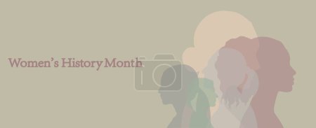 Illustration for Banner with silhouettes of different women and text Women's History Month on green background - Royalty Free Image