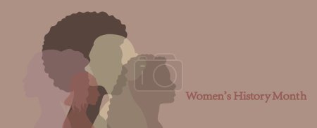 Illustration for Banner with silhouettes of different women and text Women's History Month on brown background - Royalty Free Image
